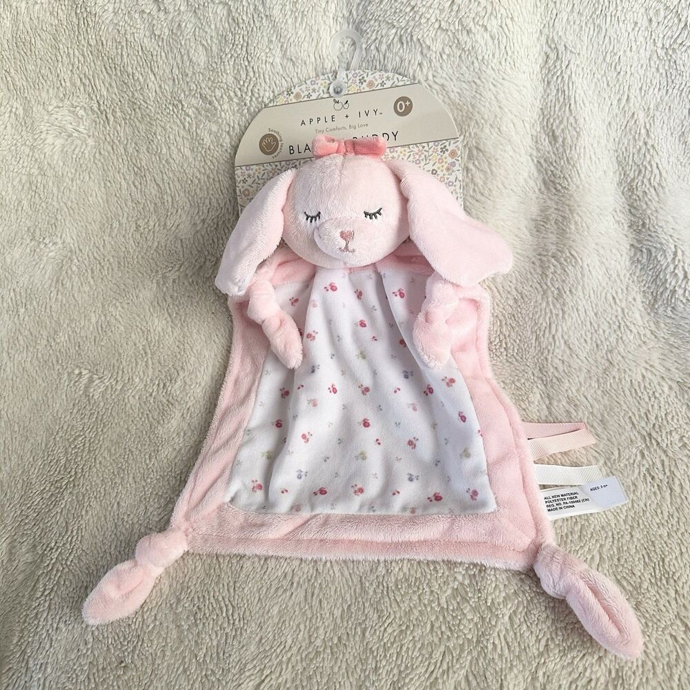 Apple Ivy Dream Gro Bunny Rabbit Pink Floral Plush Baby Blanket Lovey Knotted